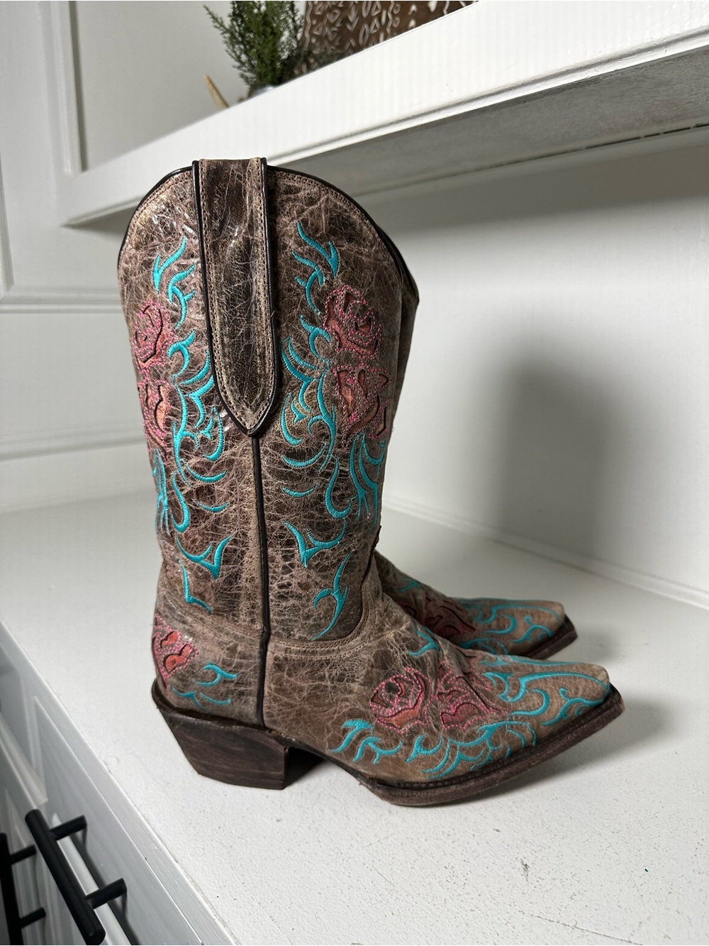 Redhawk Cowboy Boots Women's 7 Brown Turquoise Embroidered Western Boots - Picture 6 of 10